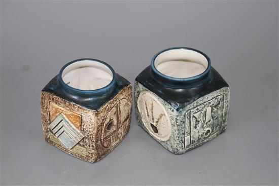 Two Troika marmalade pots, by Tina Doubleday, c.1976 and H.F., 1970s, height 9cm and 9.5cm